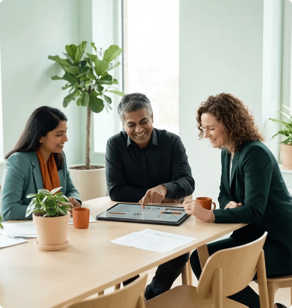 three individual reviewing an ESG reporting framework together on a large tablet, all smiling and engaged-1