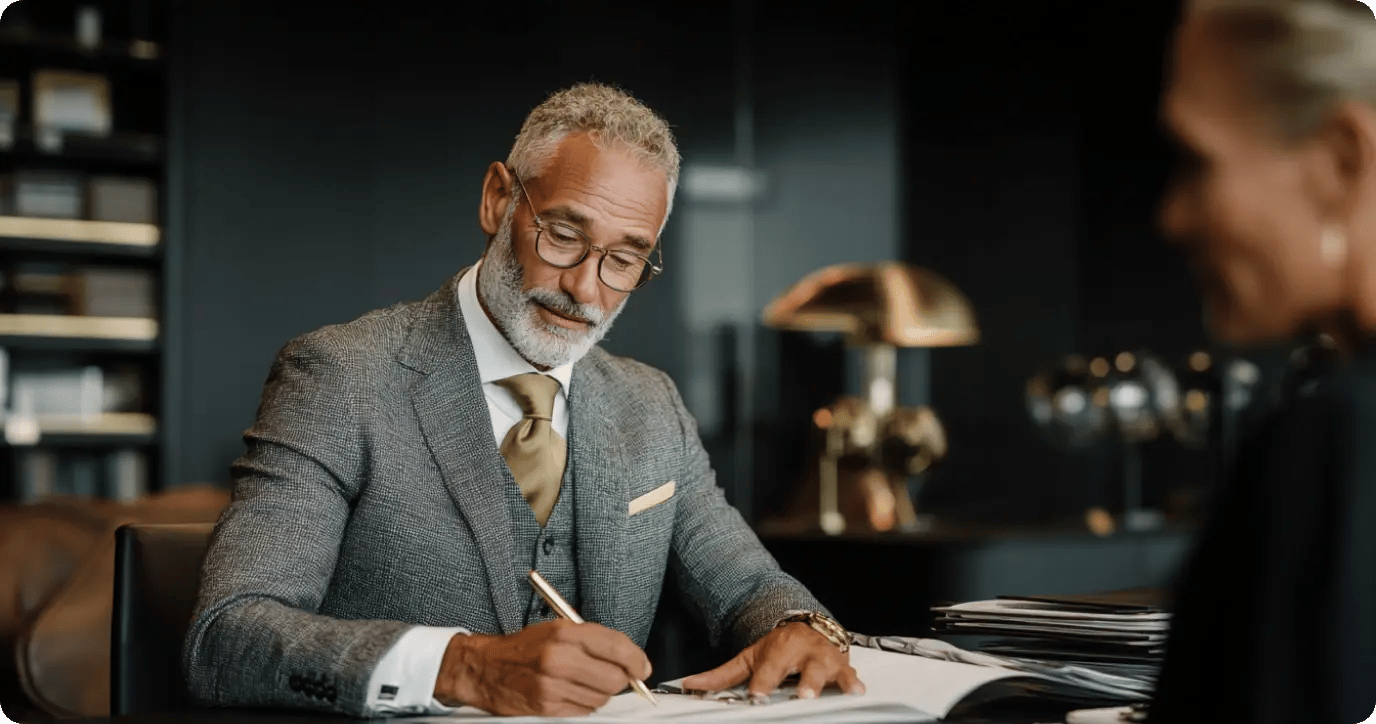 Distinguished businessman in gray suit reviewing wealth management documents at executive desk