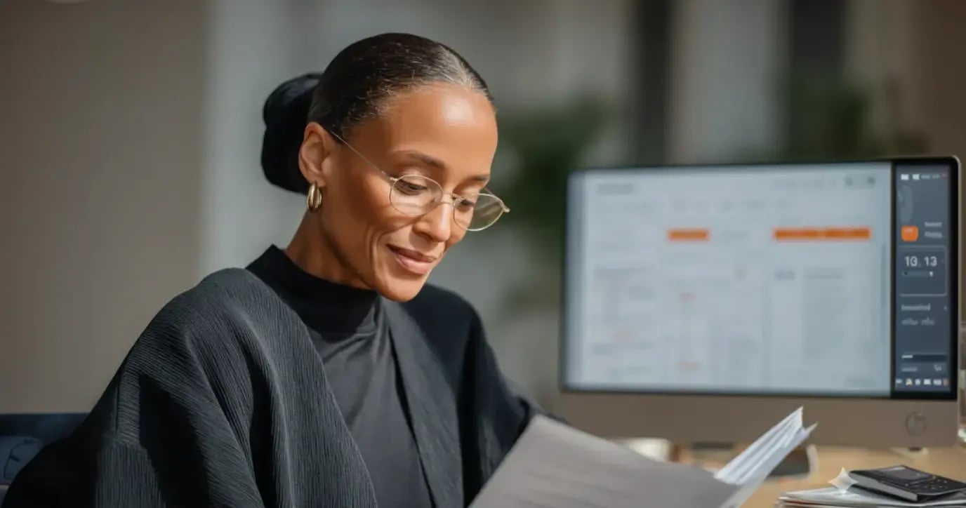 Professional woman reviewing financial documents at desk with computer displaying wealth management dashboard
