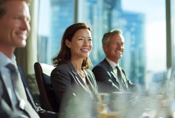 Professional business team smiling during corporate board meeting in modern office
