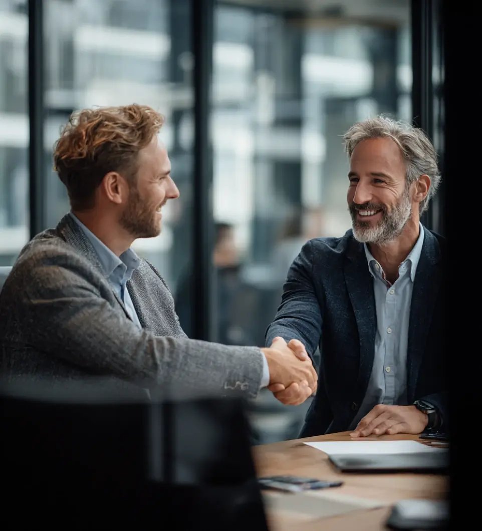 Two business professionals shaking hands across table during economic substance compliance meeting