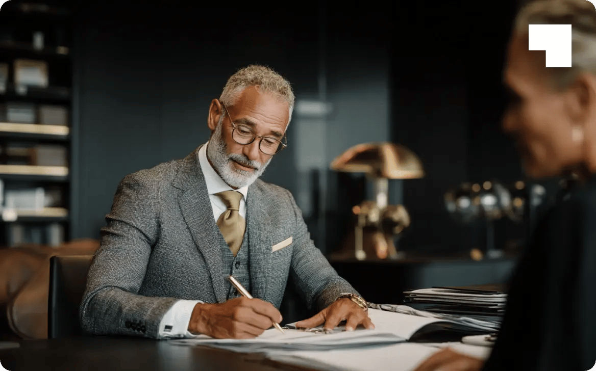 Distinguished businessman in gray suit reviewing and signing legal documents at corporate office desk