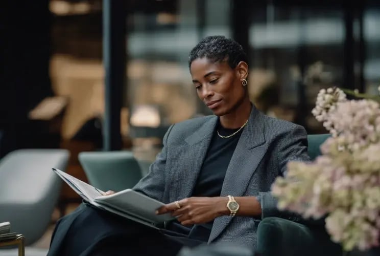 Professional woman in gray blazer reading documents in modern office setting