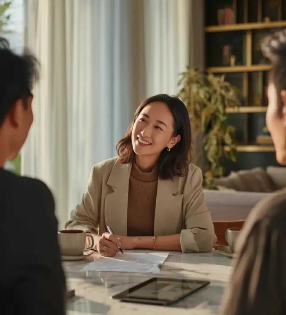 Professional woman in beige blazer smiling during client consultation meeting at office table