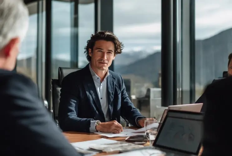 Professional businessman leading trust services meeting in modern conference room overlooking mountains
