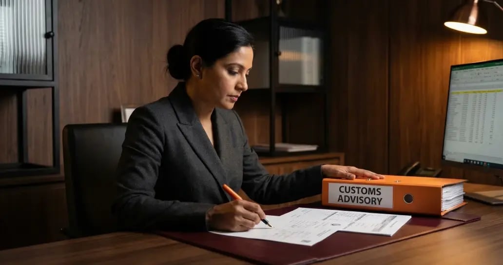 Professional woman in business suit reviewing customs documentation at office desk with computer monitor