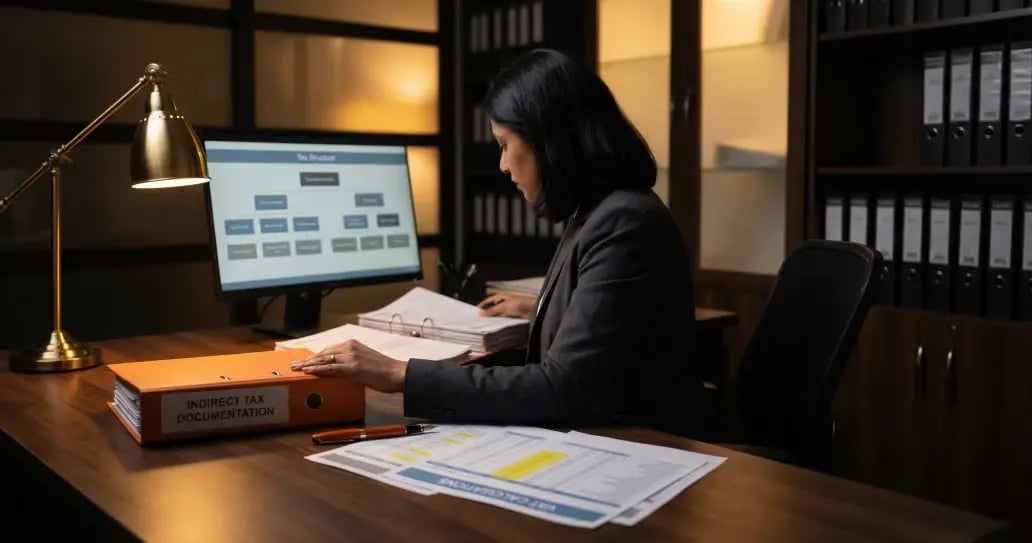 Professional woman reviewing indirect tax documentation at desk with computer displaying organizational chart