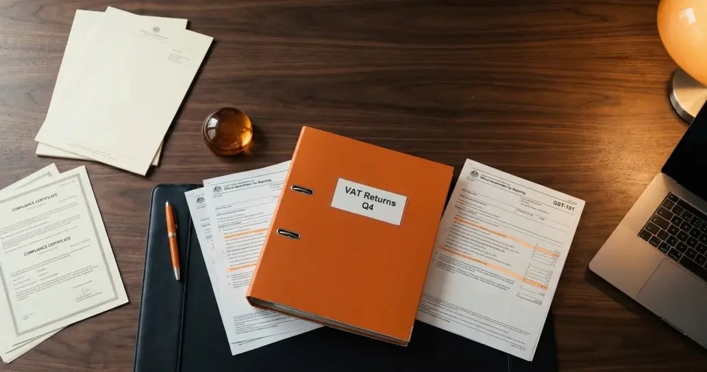 VAT Returns Q4 binder with tax documents, compliance certificates, and laptop on wooden desk