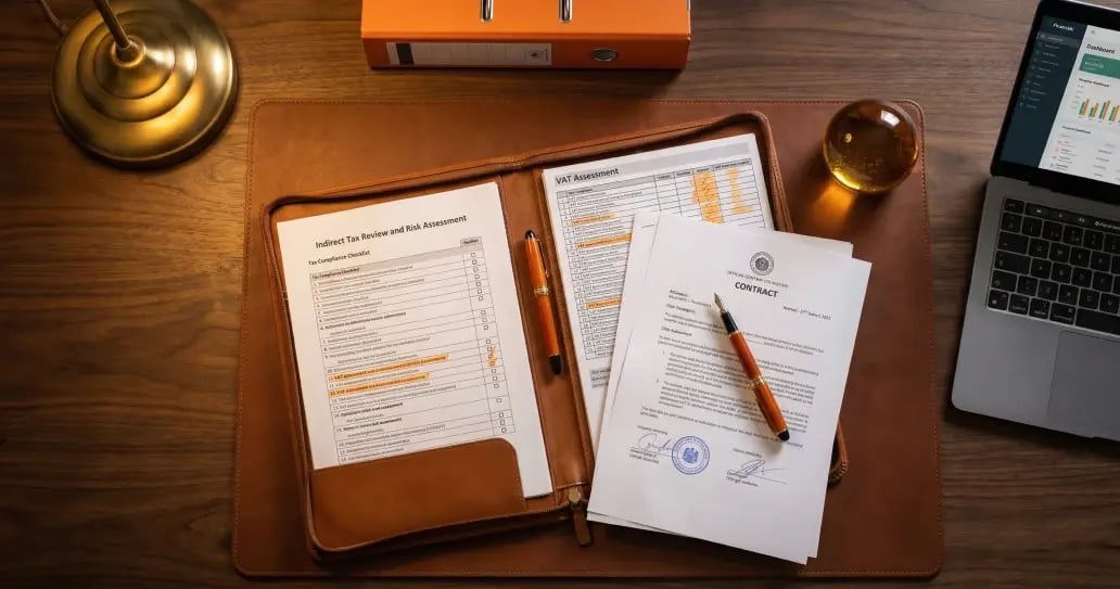 Business desk with tax assessment forms, signed contract, laptop, and brass lamp on wooden surface